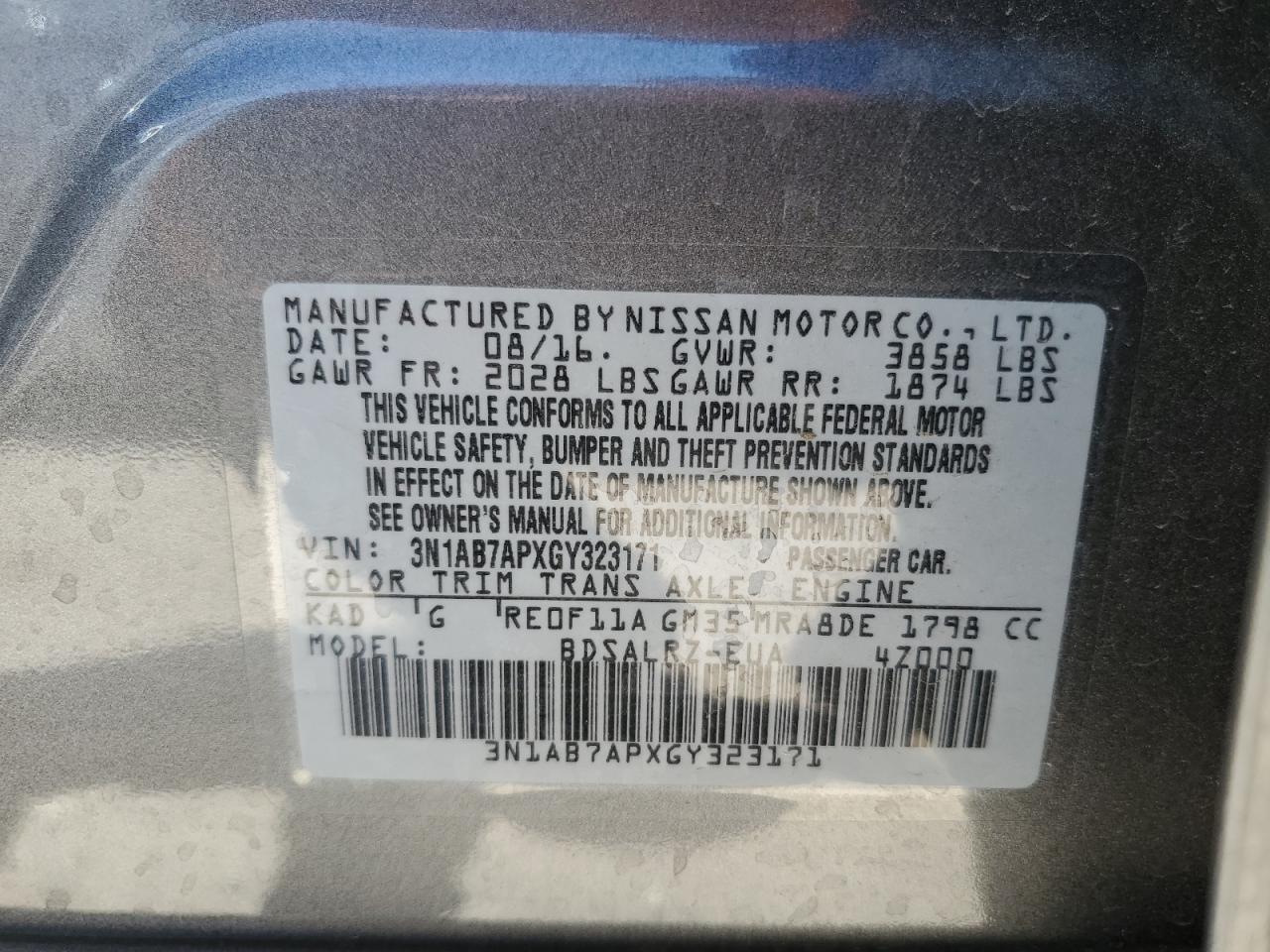 3N1AB7APXGY323171 2016 Nissan Sentra S