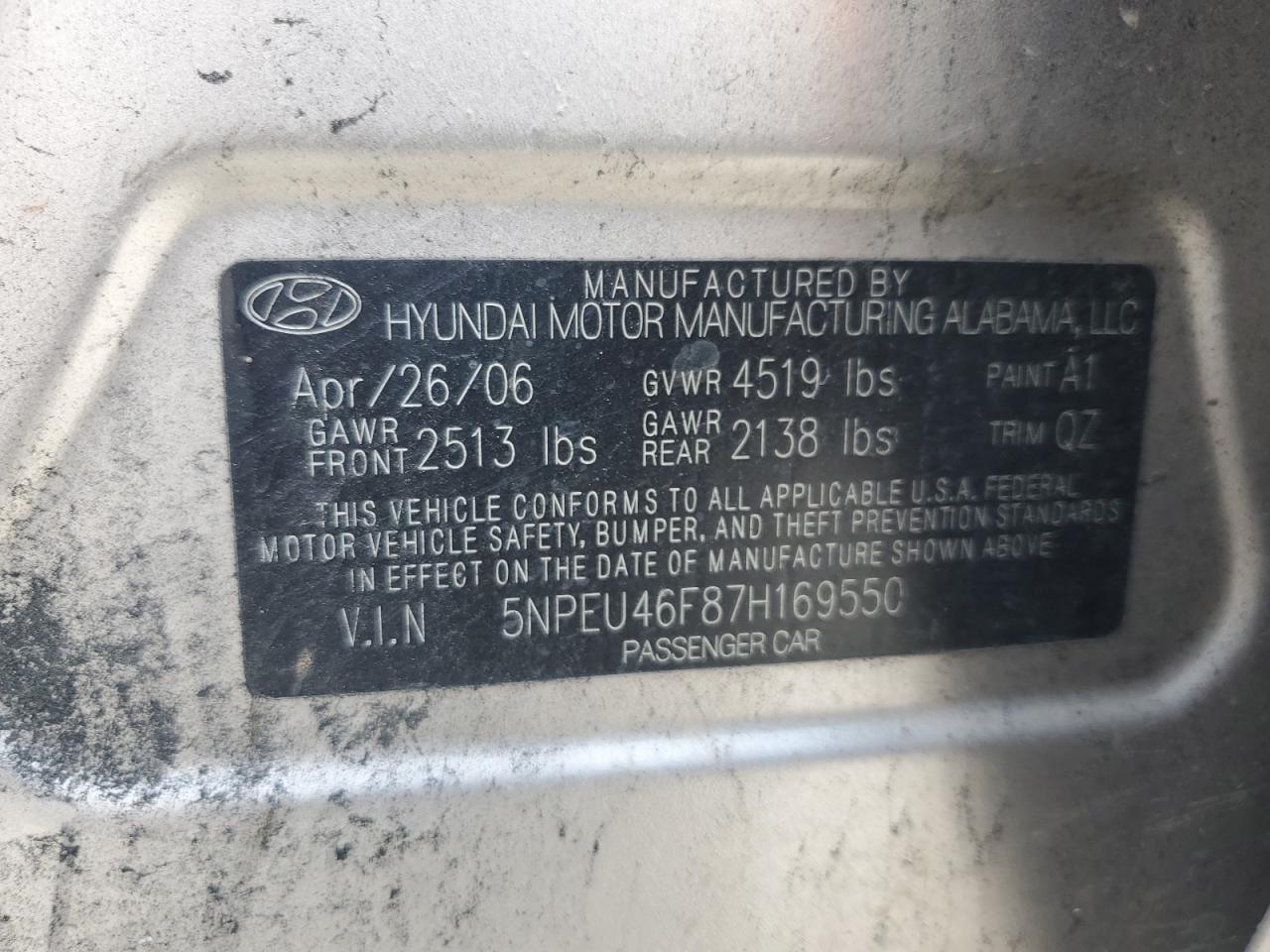 5NPEU46F87H169550 2007 Hyundai Sonata Se