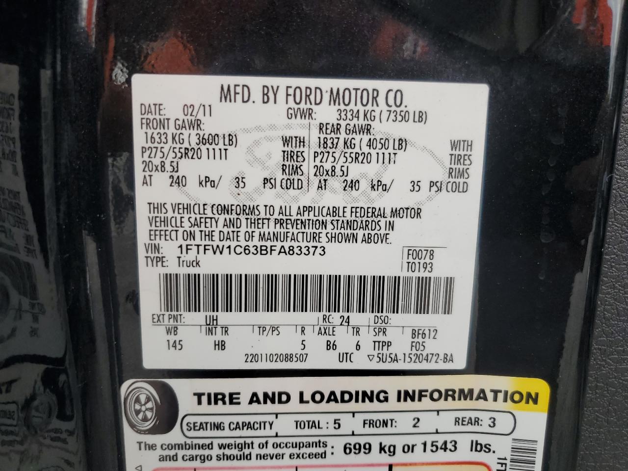 1FTFW1C63BFA83373 2011 Ford F150 Supercrew