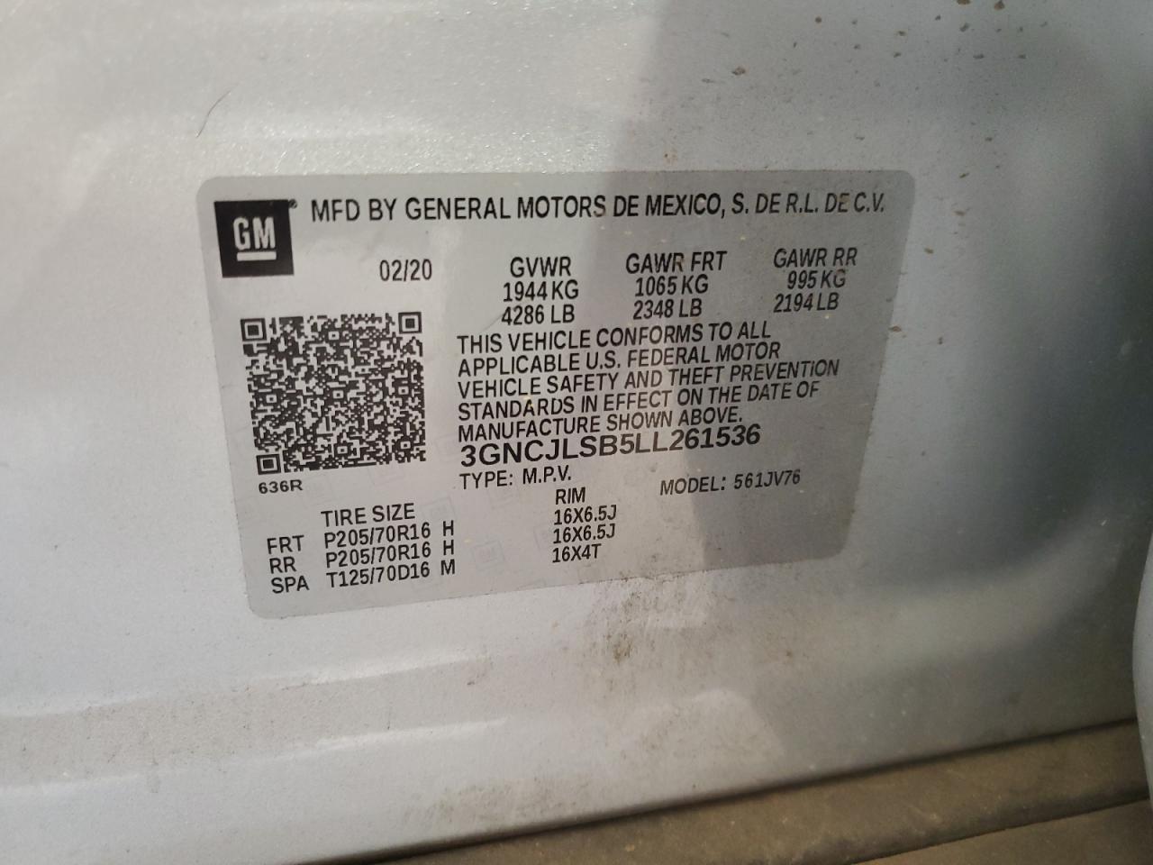 3GNCJLSB5LL261536 2020 Chevrolet Trax 1Lt