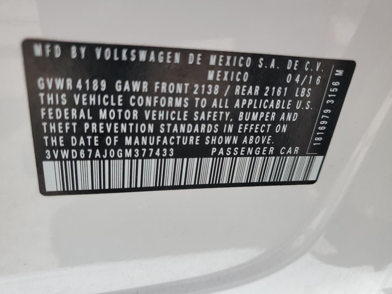 3VWD67AJ0GM377433 2016 Volkswagen Jetta Se