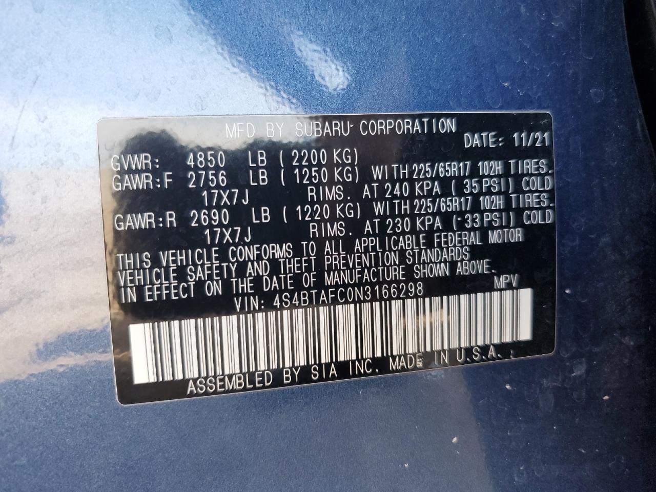 4S4BTAFC0N3166298 2022 Subaru Outback Premium