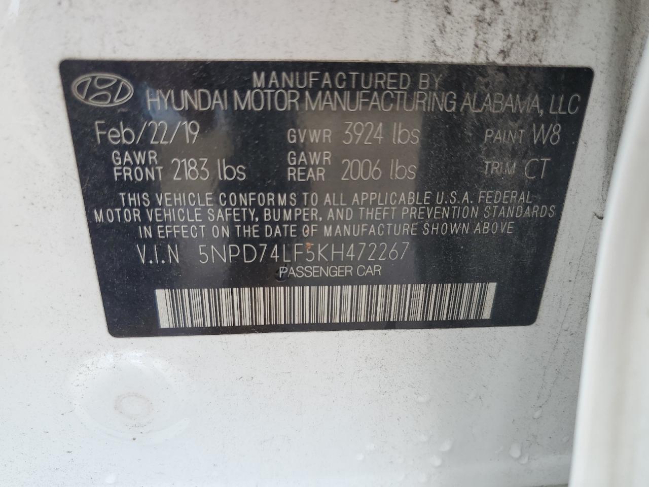 5NPD74LF5KH472267 2019 Hyundai Elantra Se