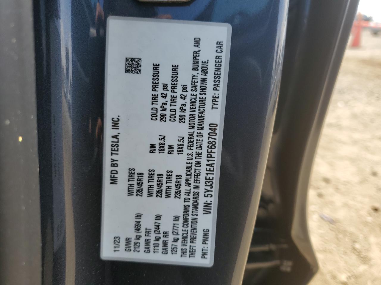 5YJ3E1EA1PF687040 2023 Tesla Model 3