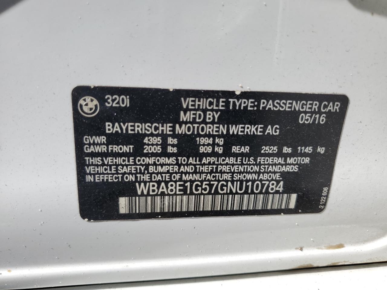 WBA8E1G57GNU10784 2016 BMW 320 I