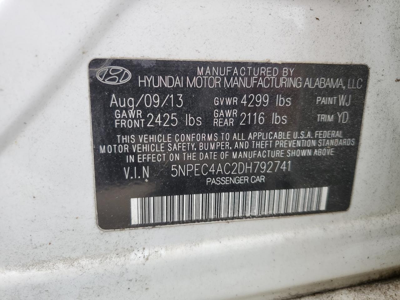 5NPEC4AC2DH792741 2013 Hyundai Sonata Se