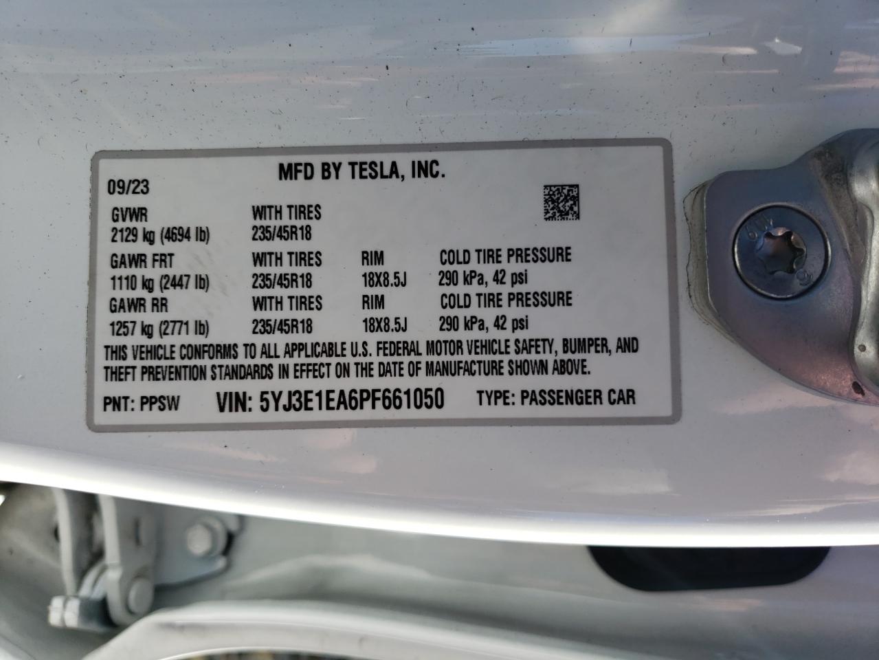 5YJ3E1EA6PF661050 2023 Tesla Model 3