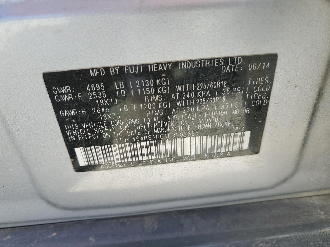 4S4BSALC1F3202685 2015 Subaru Outback 2.5I Limited