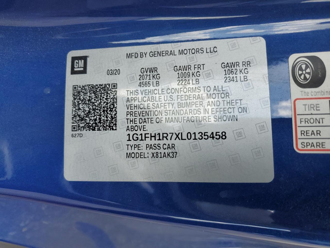 1G1FH1R7XL0135458 CHEVROLET CAMARO 2020