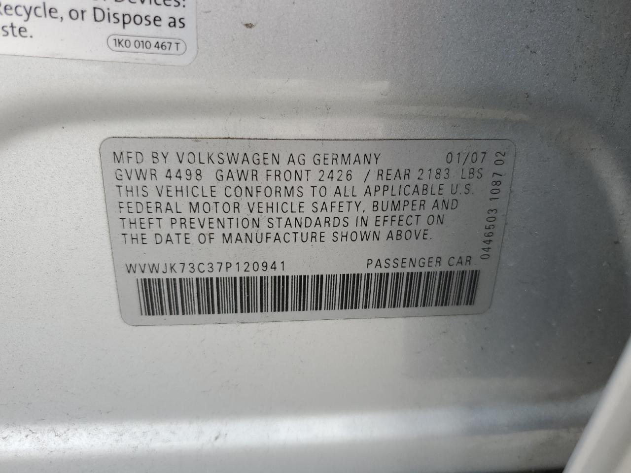 WVWJK73C37P120941 2007 Volkswagen Passat