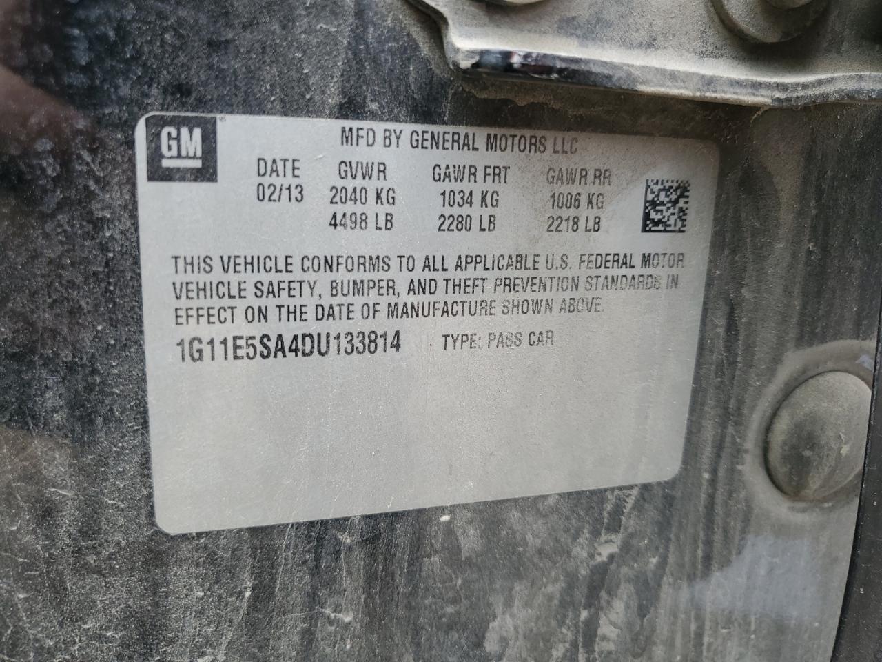 1G11E5SA4DU133814 2013 Chevrolet Malibu 2Lt