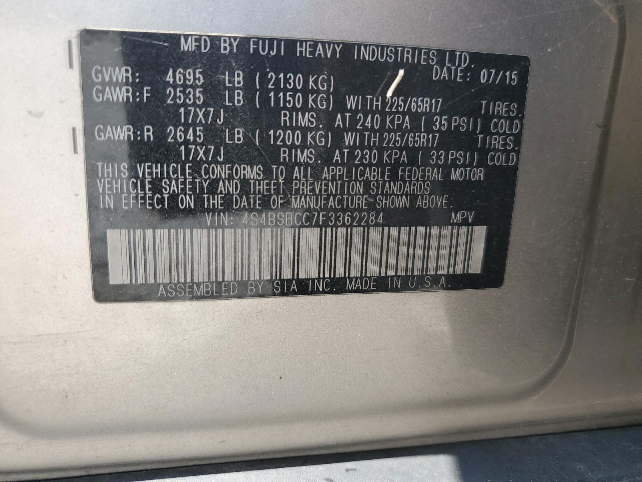 4S4BSBCC7F3362284 2015 Subaru Outback 2.5I Premium