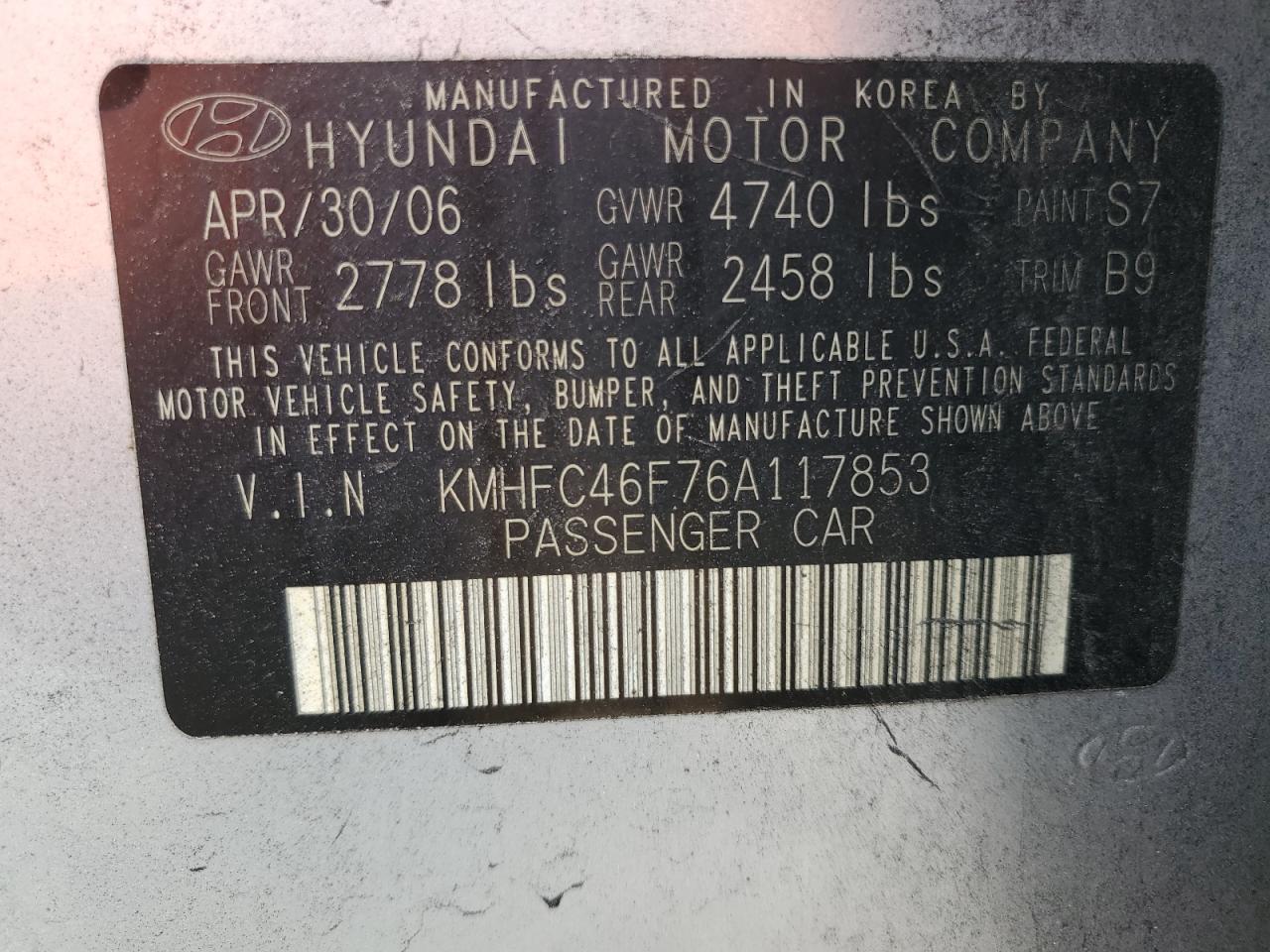 KMHFC46F76A117853 2006 Hyundai Azera Se