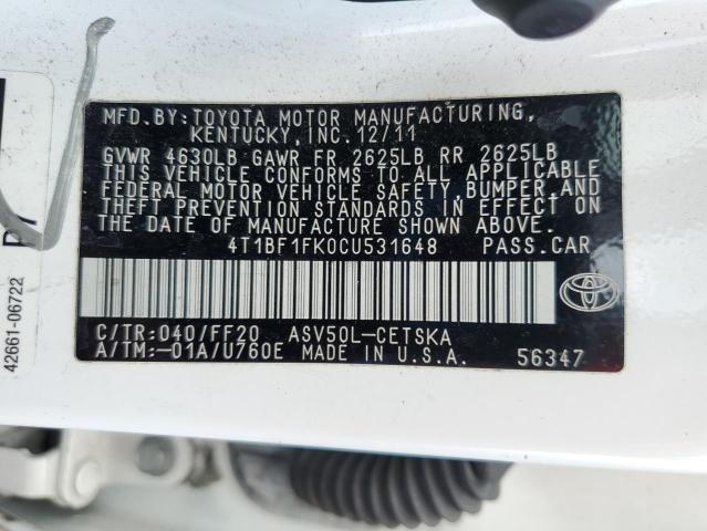 2012 Toyota Camry Base VIN: 4T1BF1FK0CU531648 Lot: 59594444