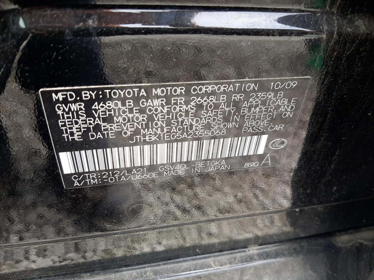 JTHBK1EG5A2355068 2010 Lexus Es 350