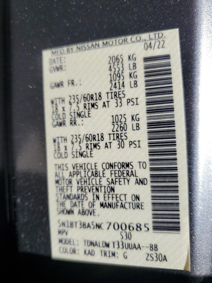 5N1BT3BA5NC700685 2022 Nissan Rogue Sv