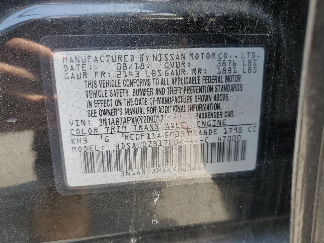 3N1AB7APXKY209017 2019 Nissan Sentra S