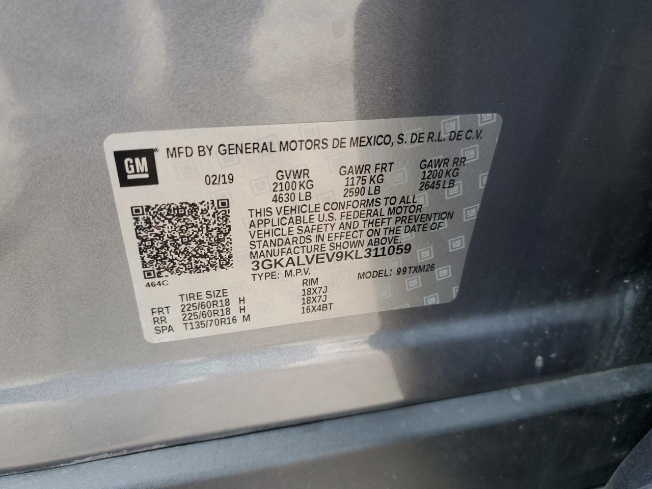 3GKALVEV9KL311059 2019 GMC Terrain Slt