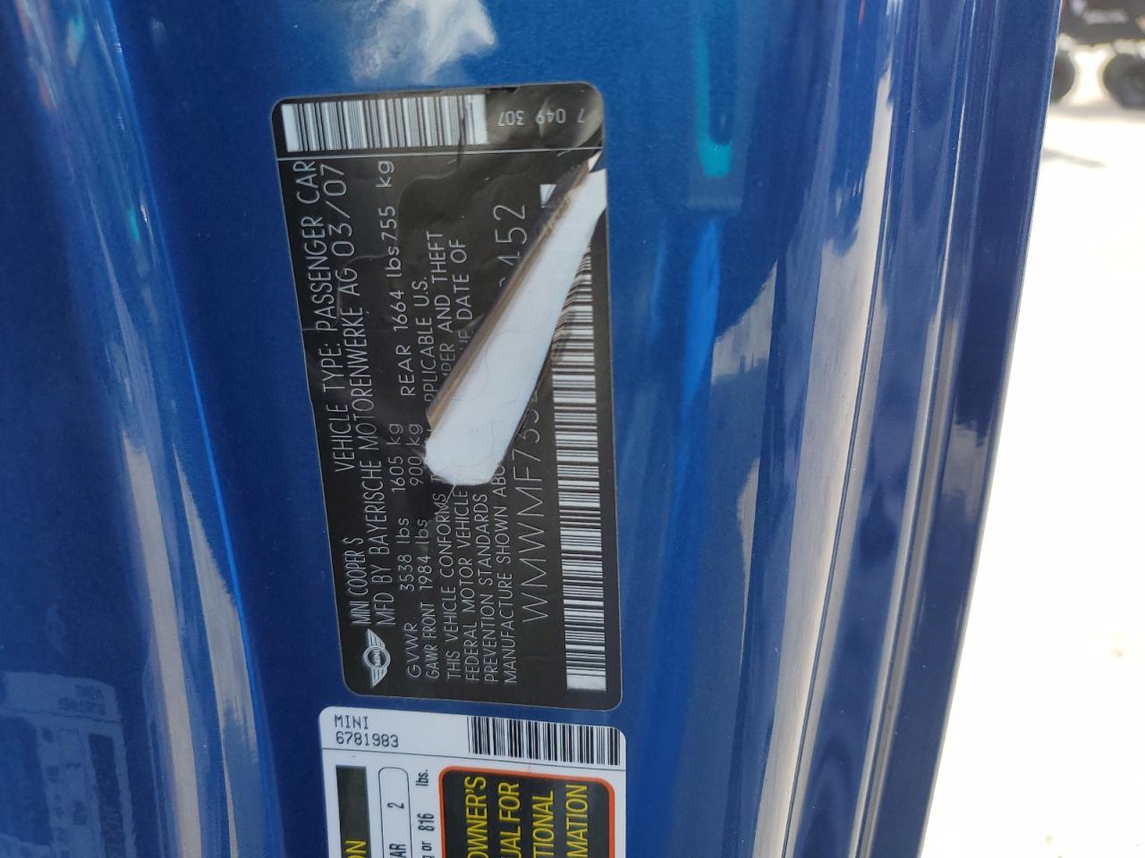 WMWMF73527TL88452 2007 Mini Cooper S