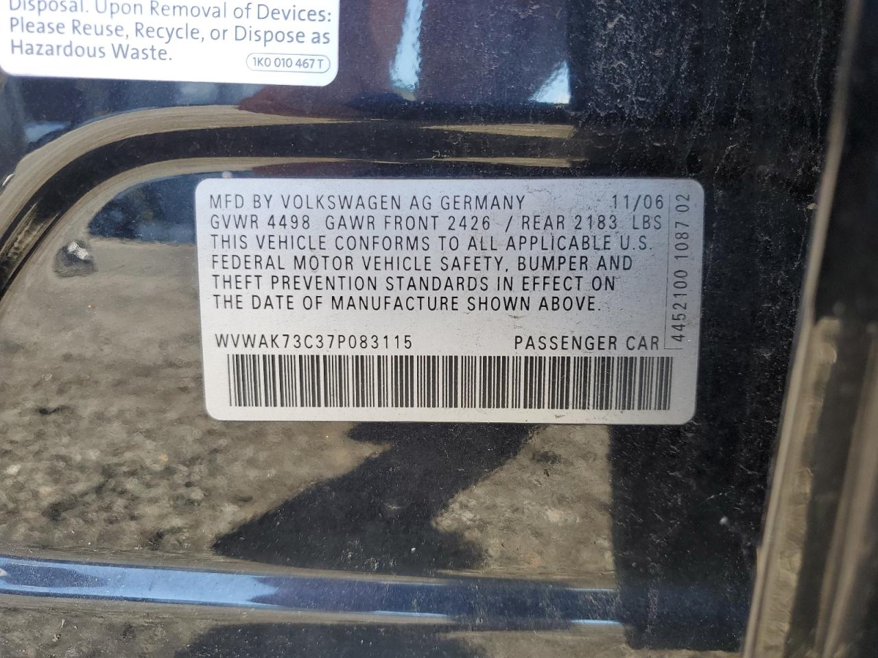 WVWAK73C37P083115 2007 Volkswagen Passat 2.0T