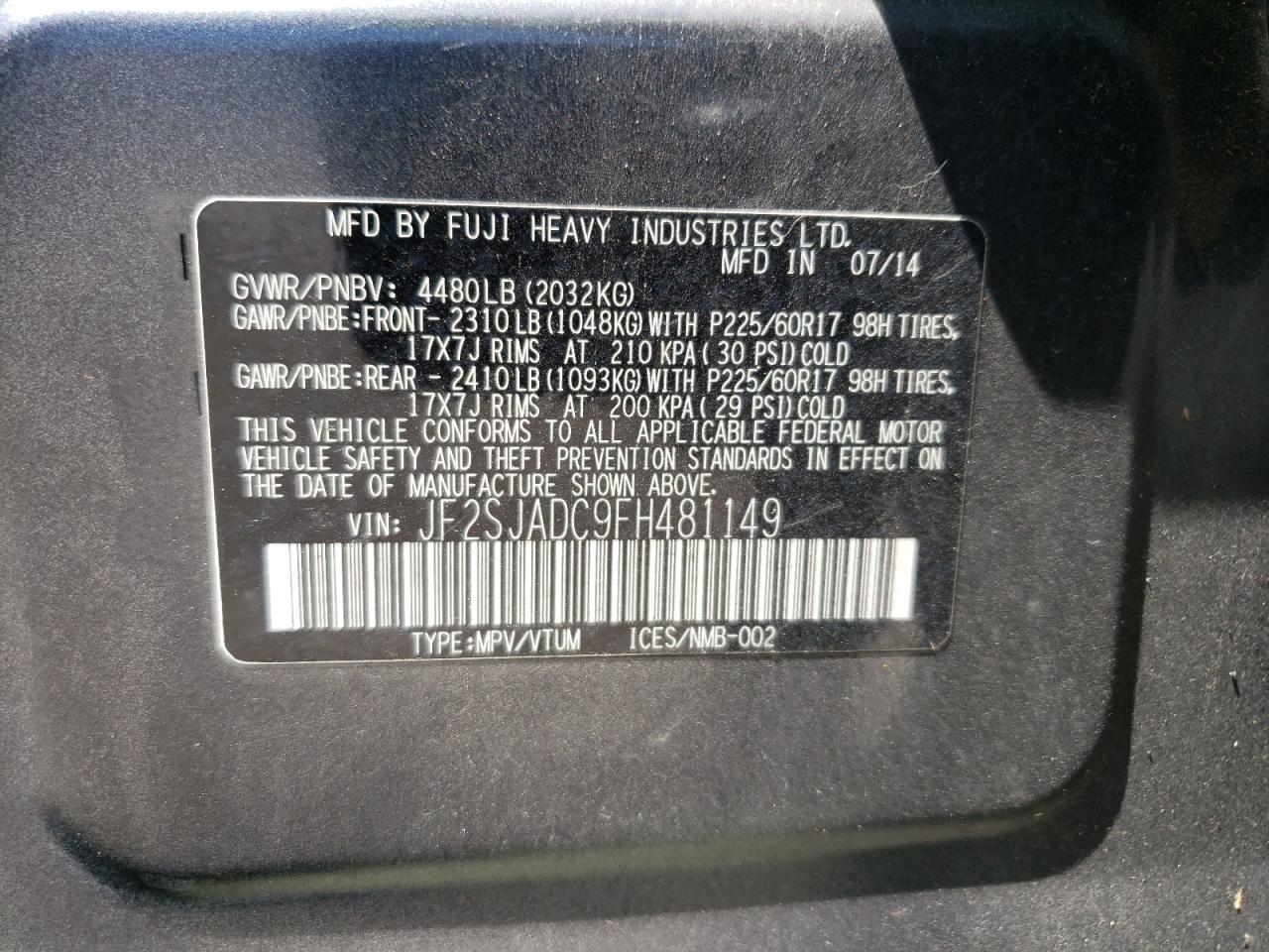 JF2SJADC9FH481149 2015 Subaru Forester 2.5I Premium