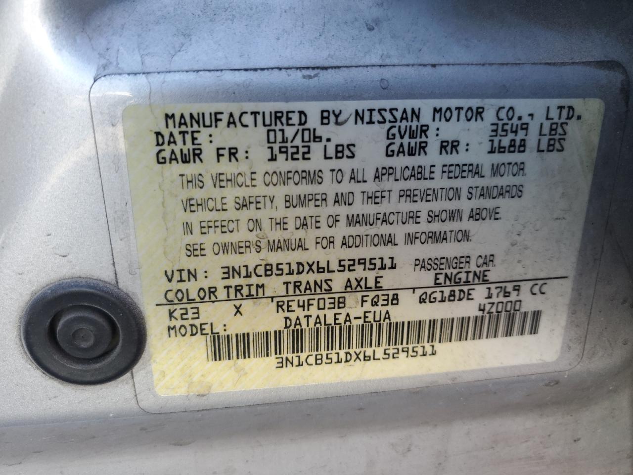 3N1CB51DX6L529511 2006 Nissan Sentra 1.8