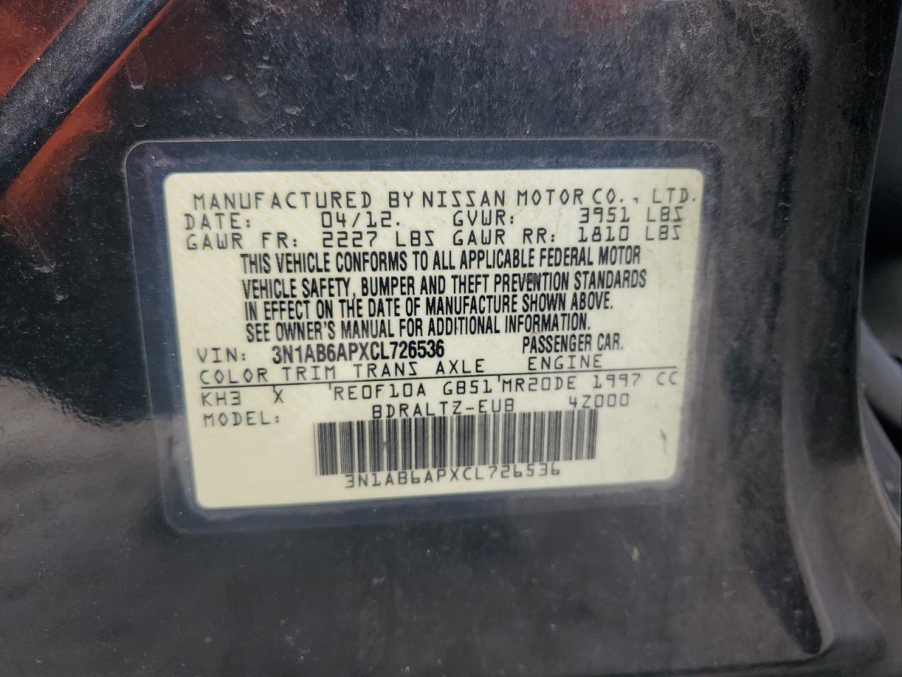 3N1AB6APXCL726536 2012 Nissan Sentra 2.0