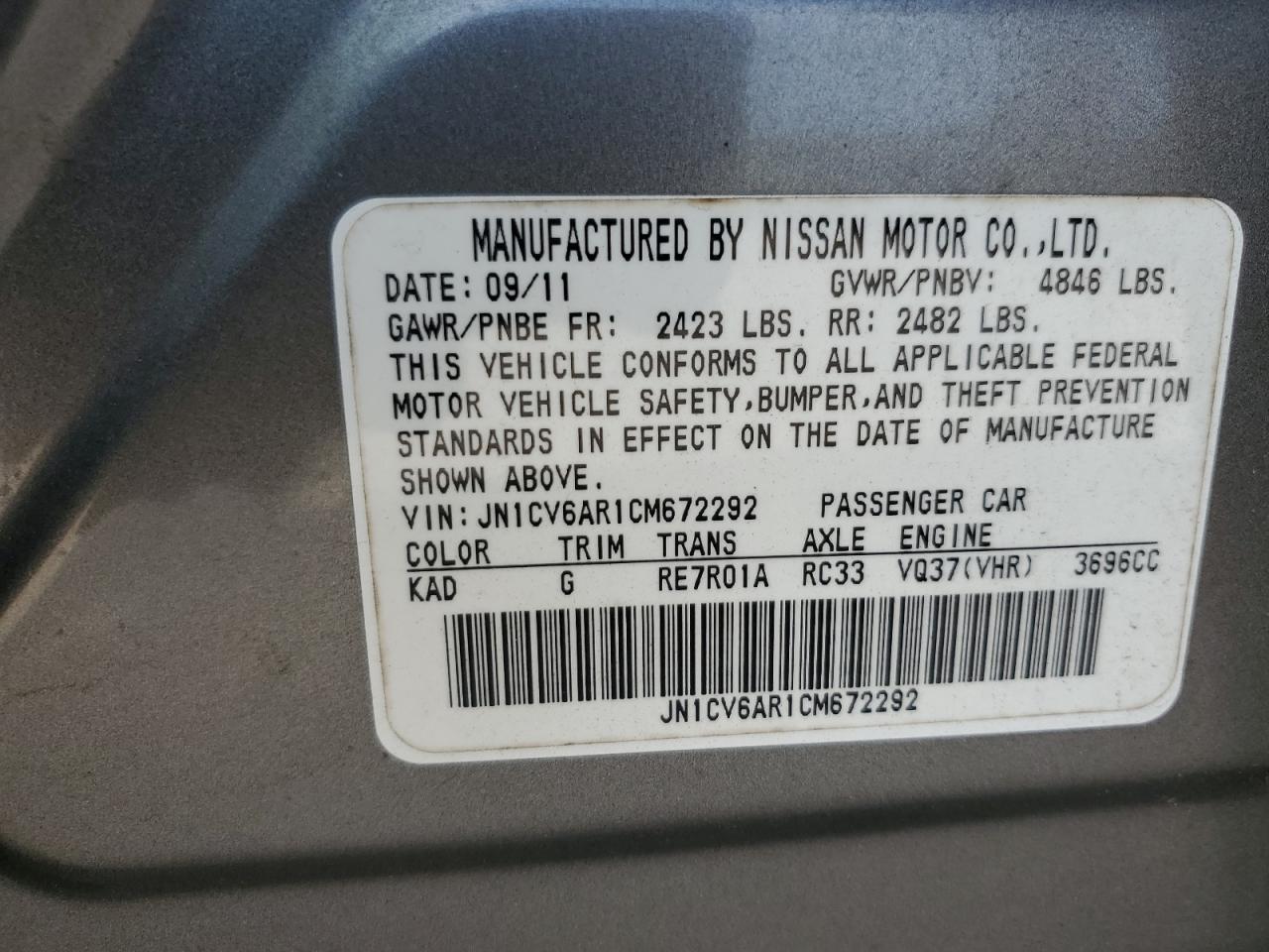 JN1CV6AR1CM672292 2012 Infiniti G37