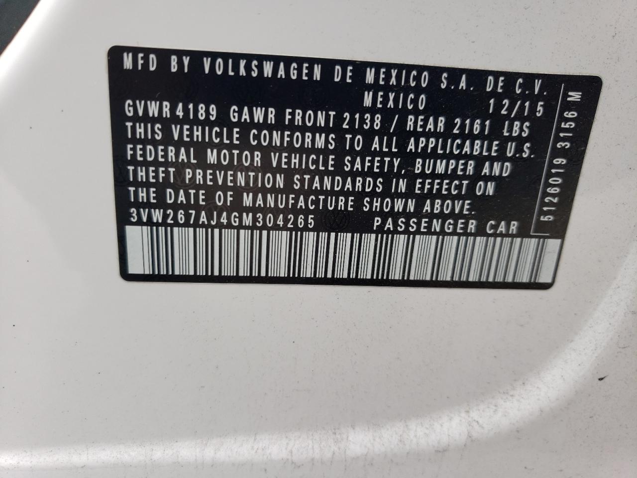 3VW267AJ4GM304265 2016 Volkswagen Jetta S