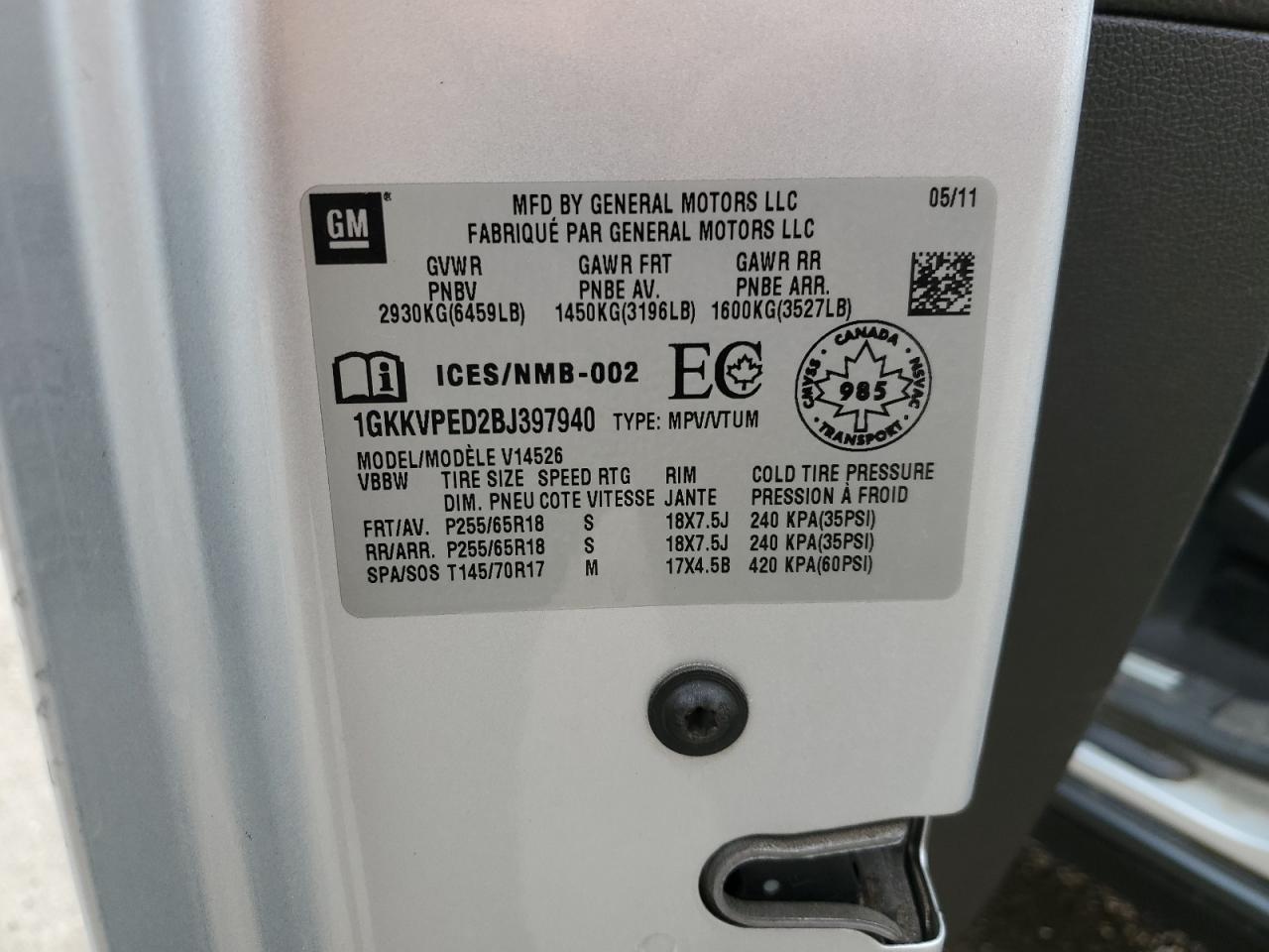 1GKKVPED2BJ397940 2011 GMC Acadia Sle