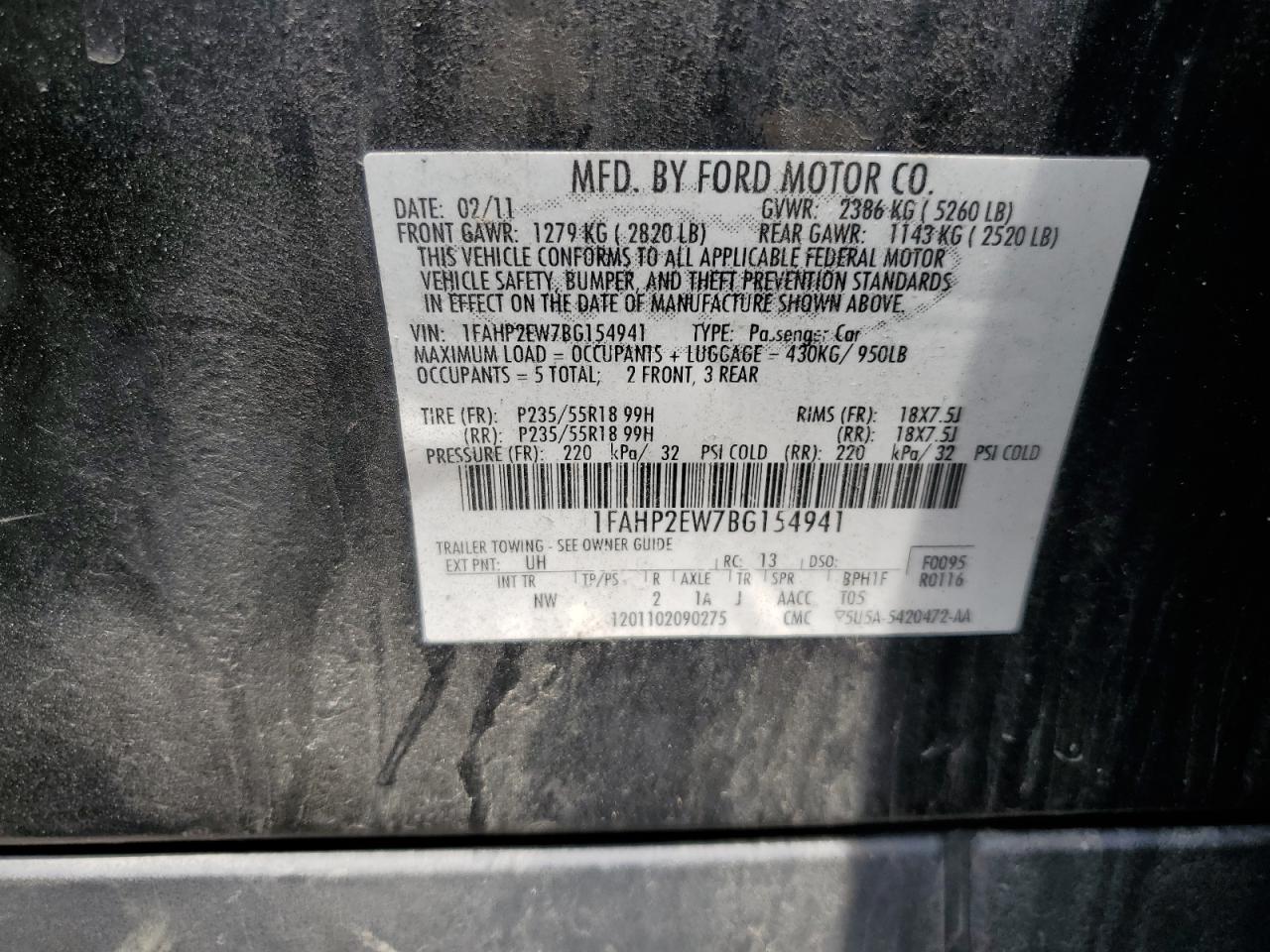 1FAHP2EW7BG154941 2011 Ford Taurus Sel