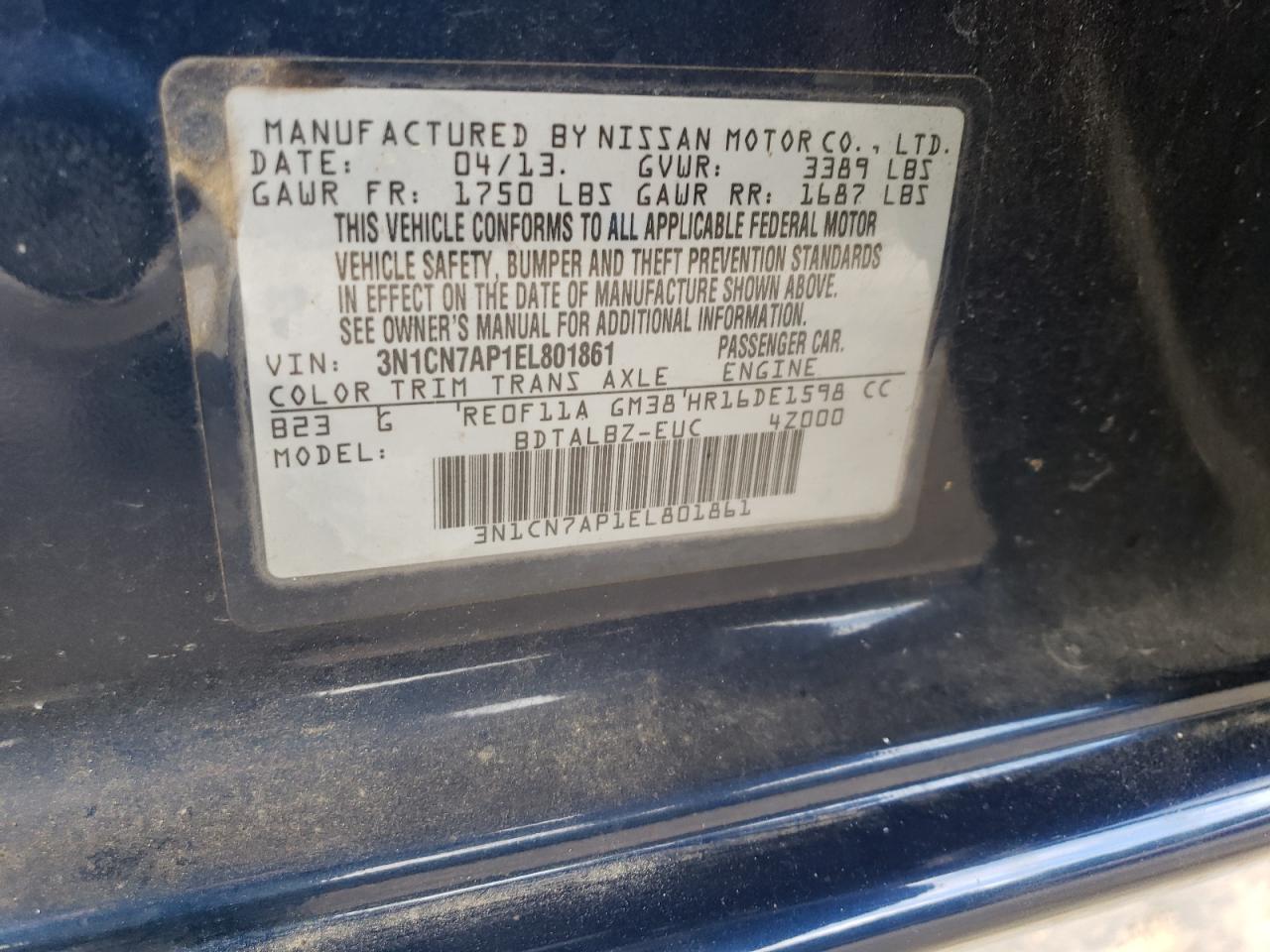 3N1CN7AP1EL801861 2014 Nissan Versa S