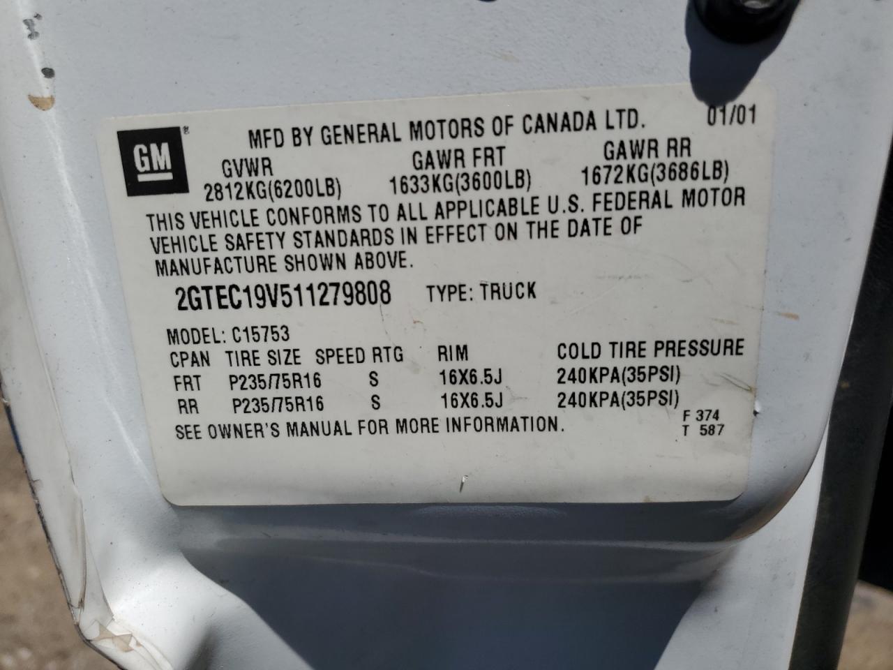 2GTEC19V511279808 2001 GMC New Sierra C1500