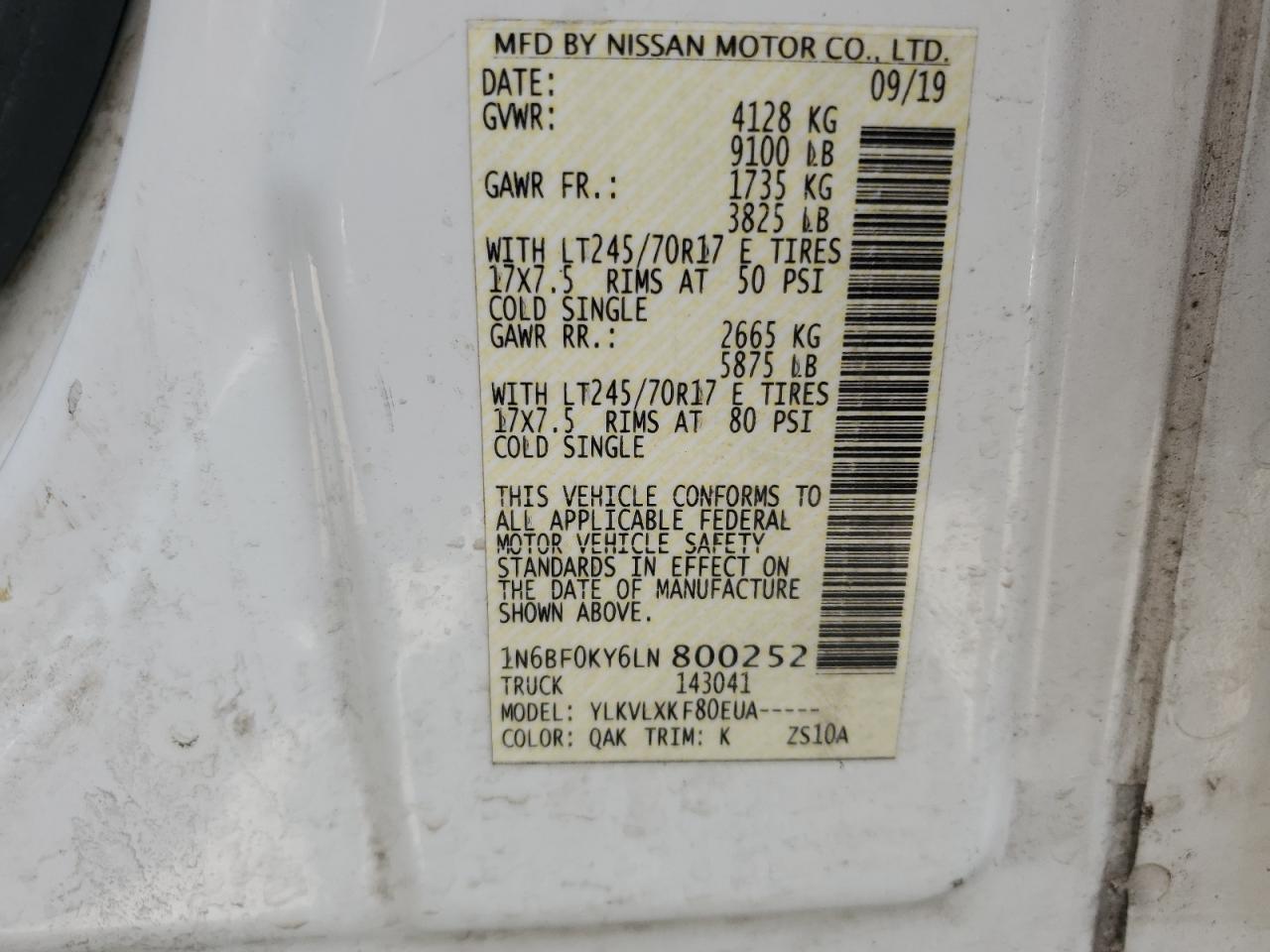 1N6BF0KY6LN800252 2020 Nissan Nv 2500 S