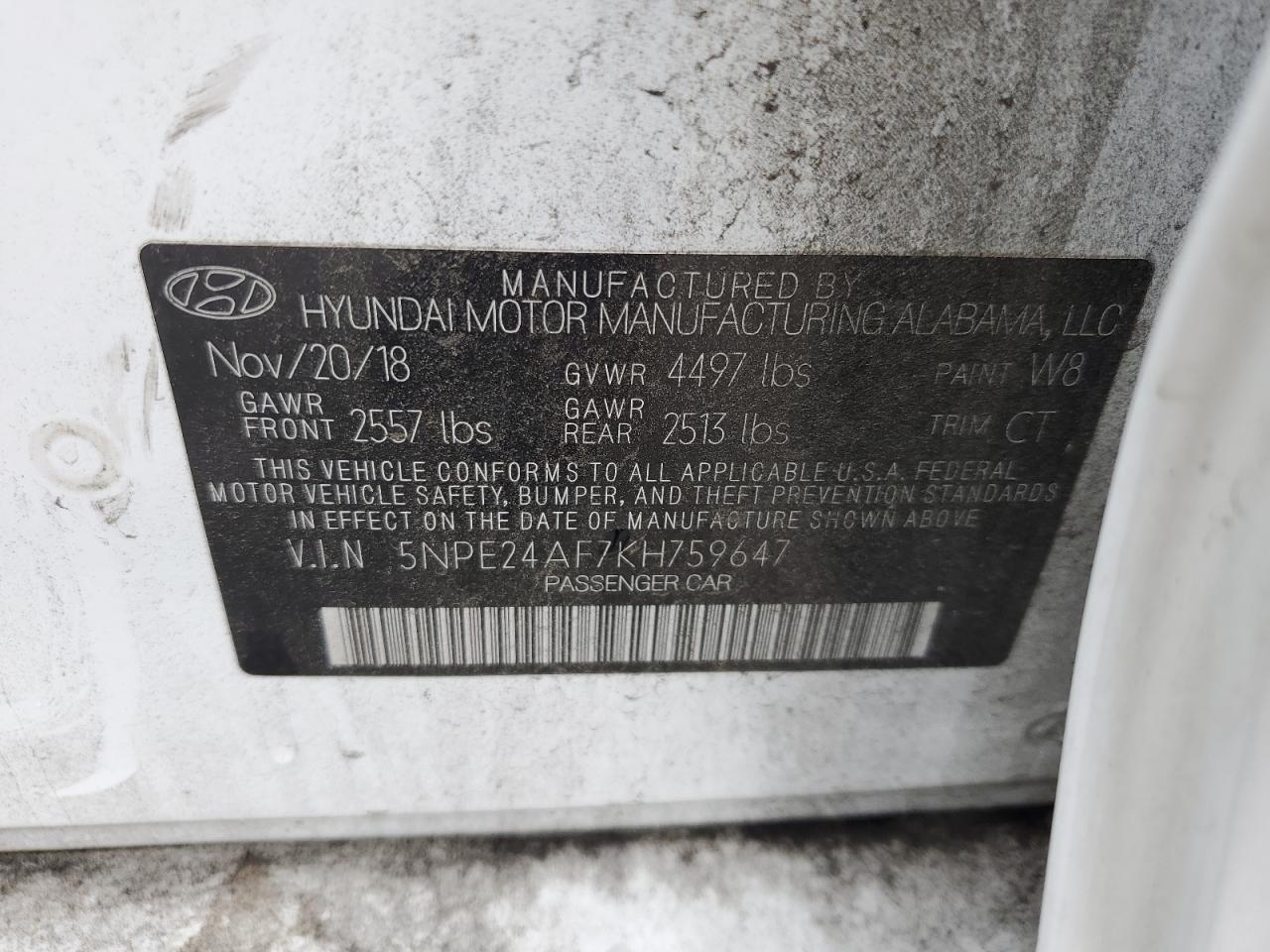 2019 Hyundai Sonata Se vin: 5NPE24AF7KH759647