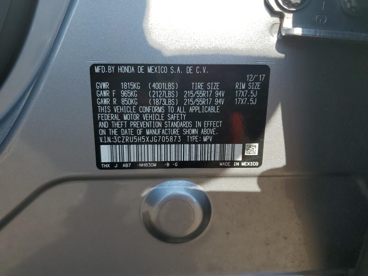 3CZRU5H5XJG705873 2018 Honda Hr-V Ex