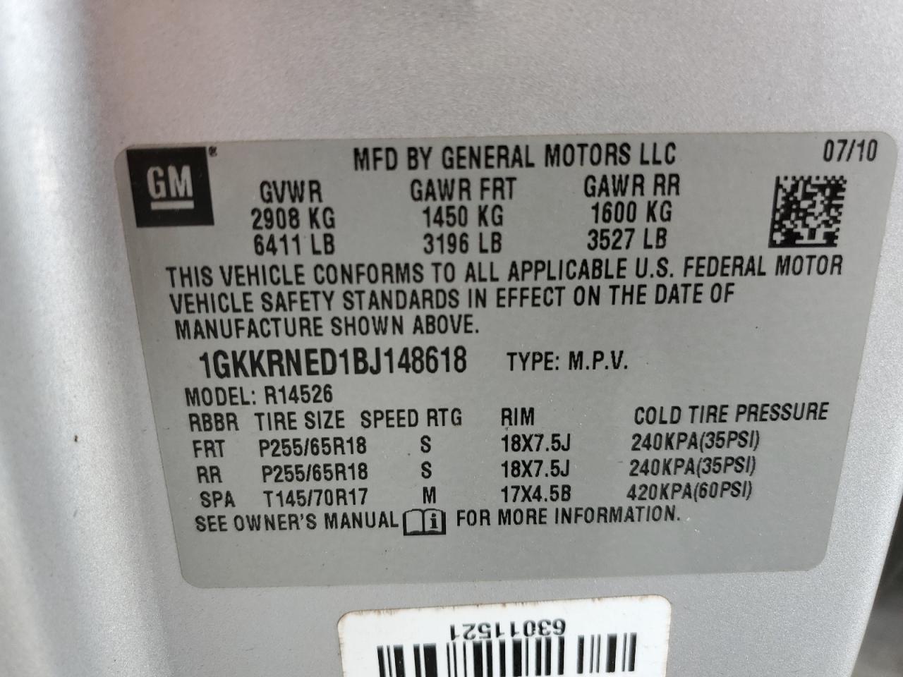 1GKKRNED1BJ148618 2011 GMC Acadia Sle