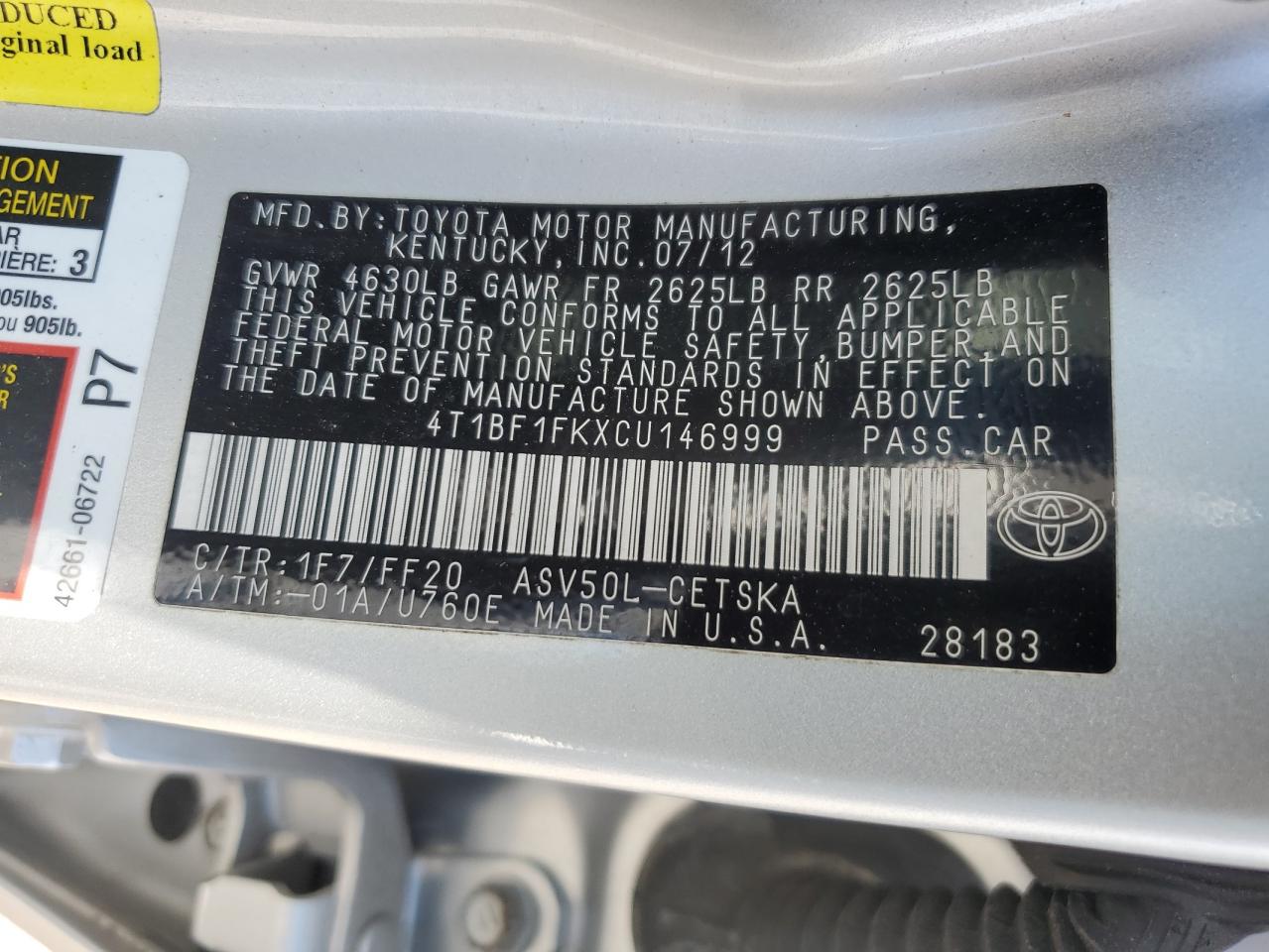 Lot #2741296633 2012 TOYOTA CAMRY BASE