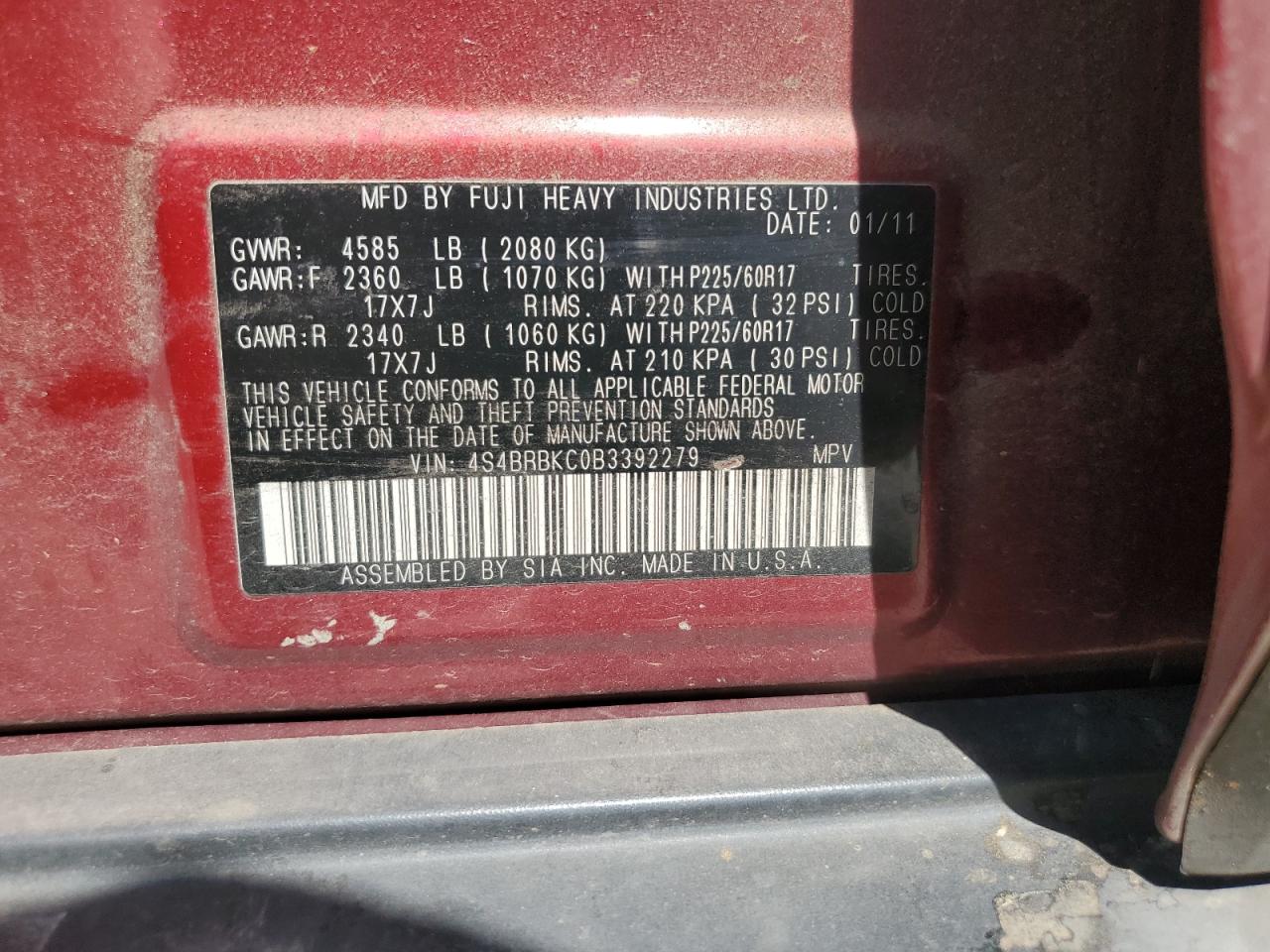 4S4BRBKC0B3392279 2011 Subaru Outback 2.5I Limited