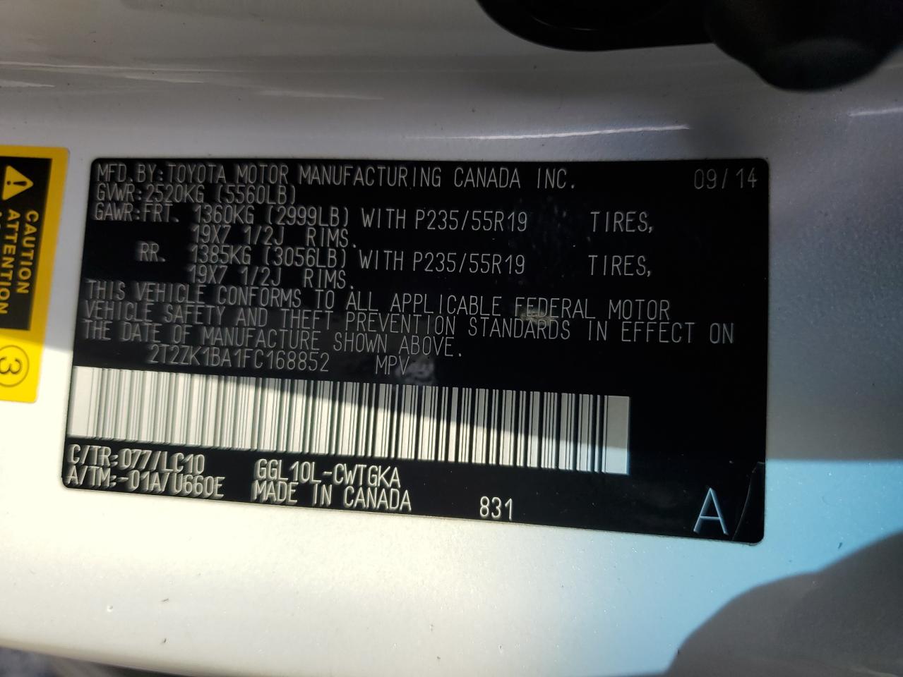 2T2ZK1BA1FC168852 2015 Lexus Rx 350