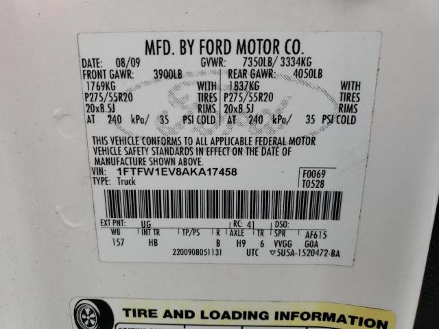 2010 Ford F150 Supercrew VIN: 1FTFW1EV8AKA17458 Lot: 56909774