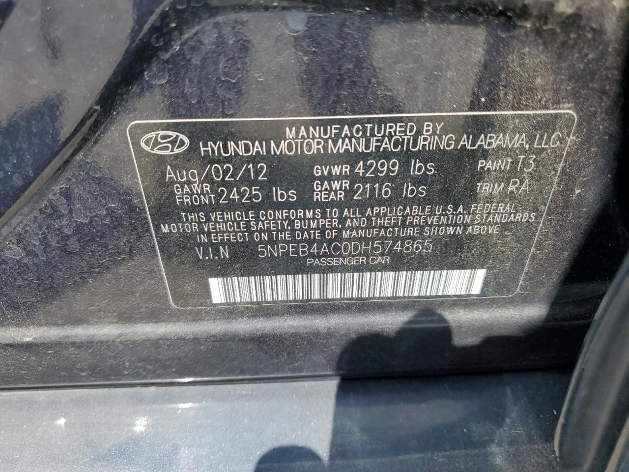 5NPEB4AC0DH574865 2013 Hyundai Sonata Gls