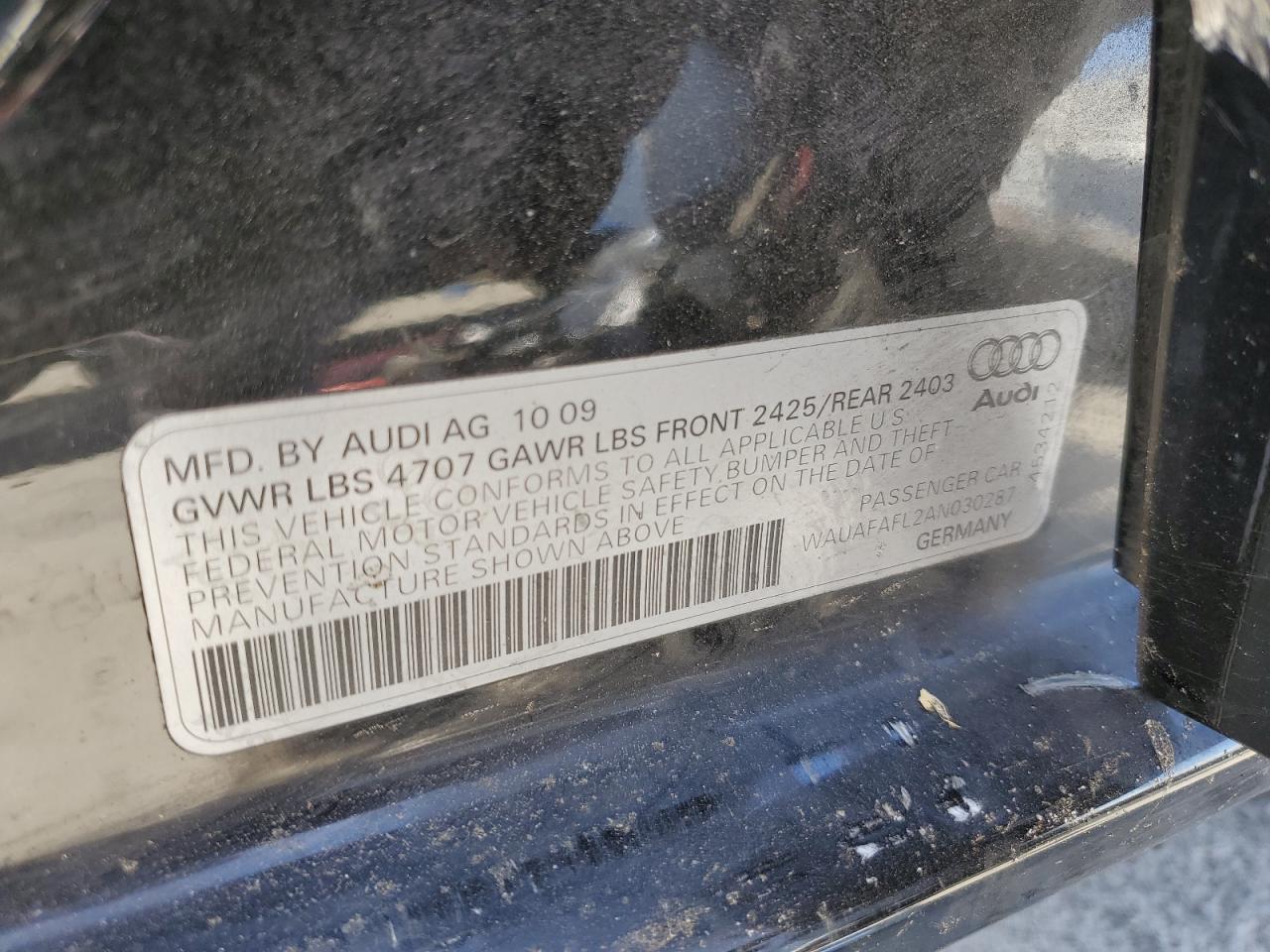 WAUAFAFL2AN030287 2010 Audi A4 Premium