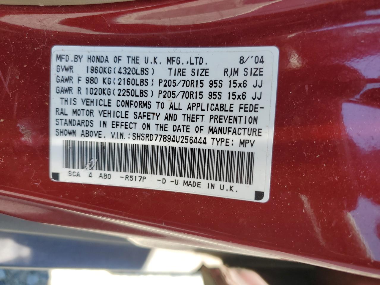 SHSRD77894U256444 2004 Honda Cr-V Ex