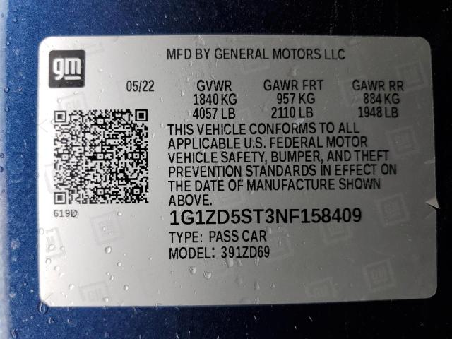 2022 Chevrolet Malibu Lt VIN: 1G1ZD5ST3NF158409 Lot: 60458224