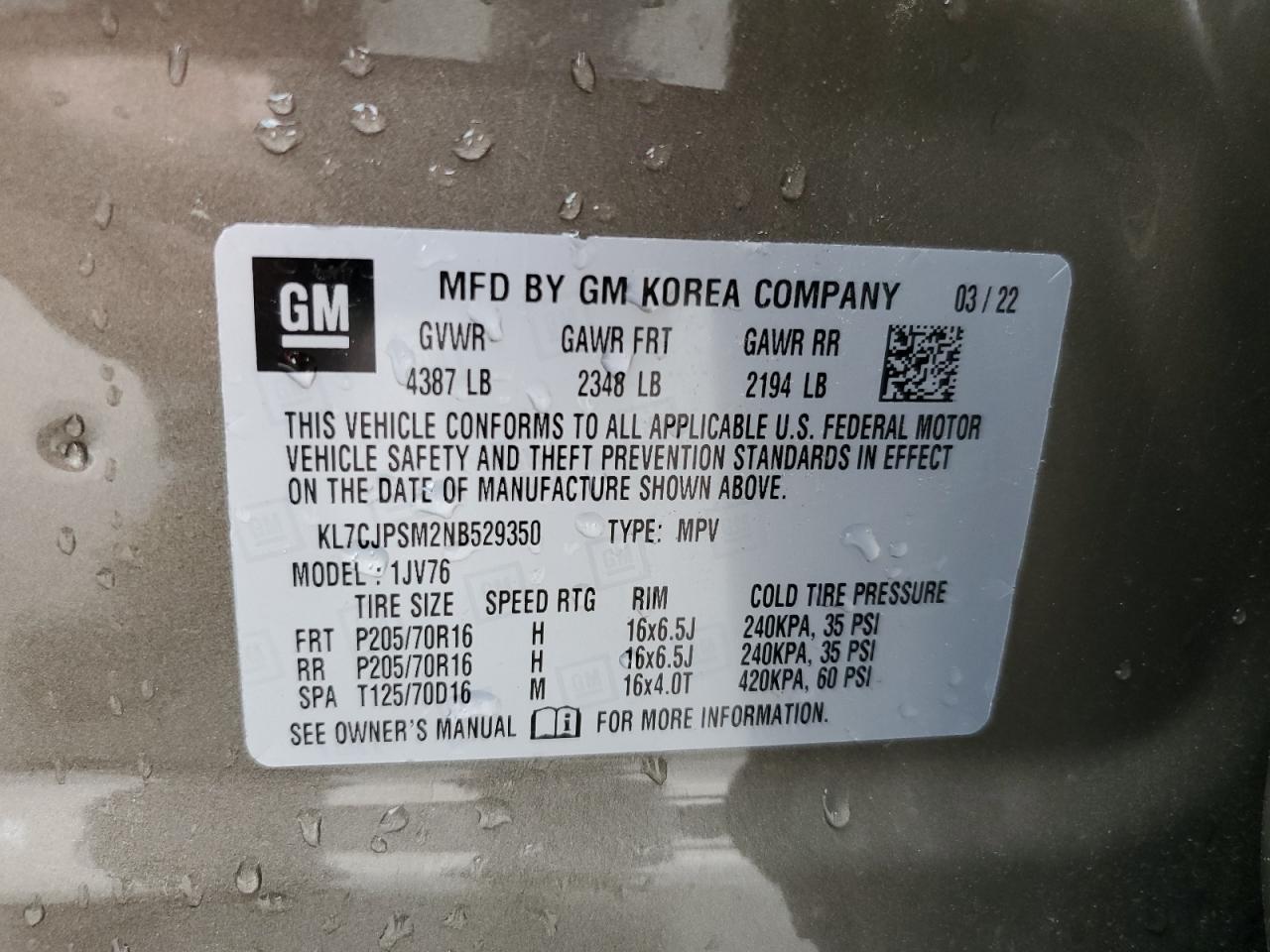 KL7CJPSM2NB529350 2022 Chevrolet Trax 1Lt