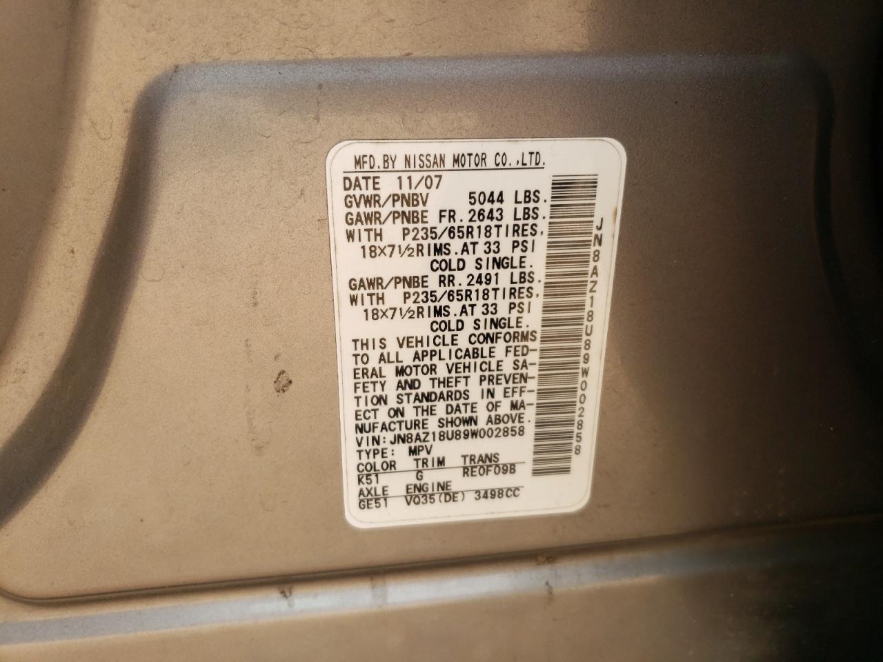 JN8AZ18U89W002858 2009 Nissan Murano S