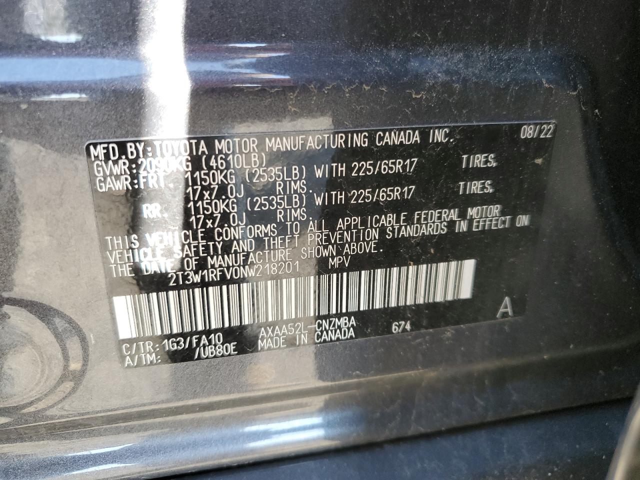 2T3W1RFV0NW218201 2022 Toyota Rav4 Xle