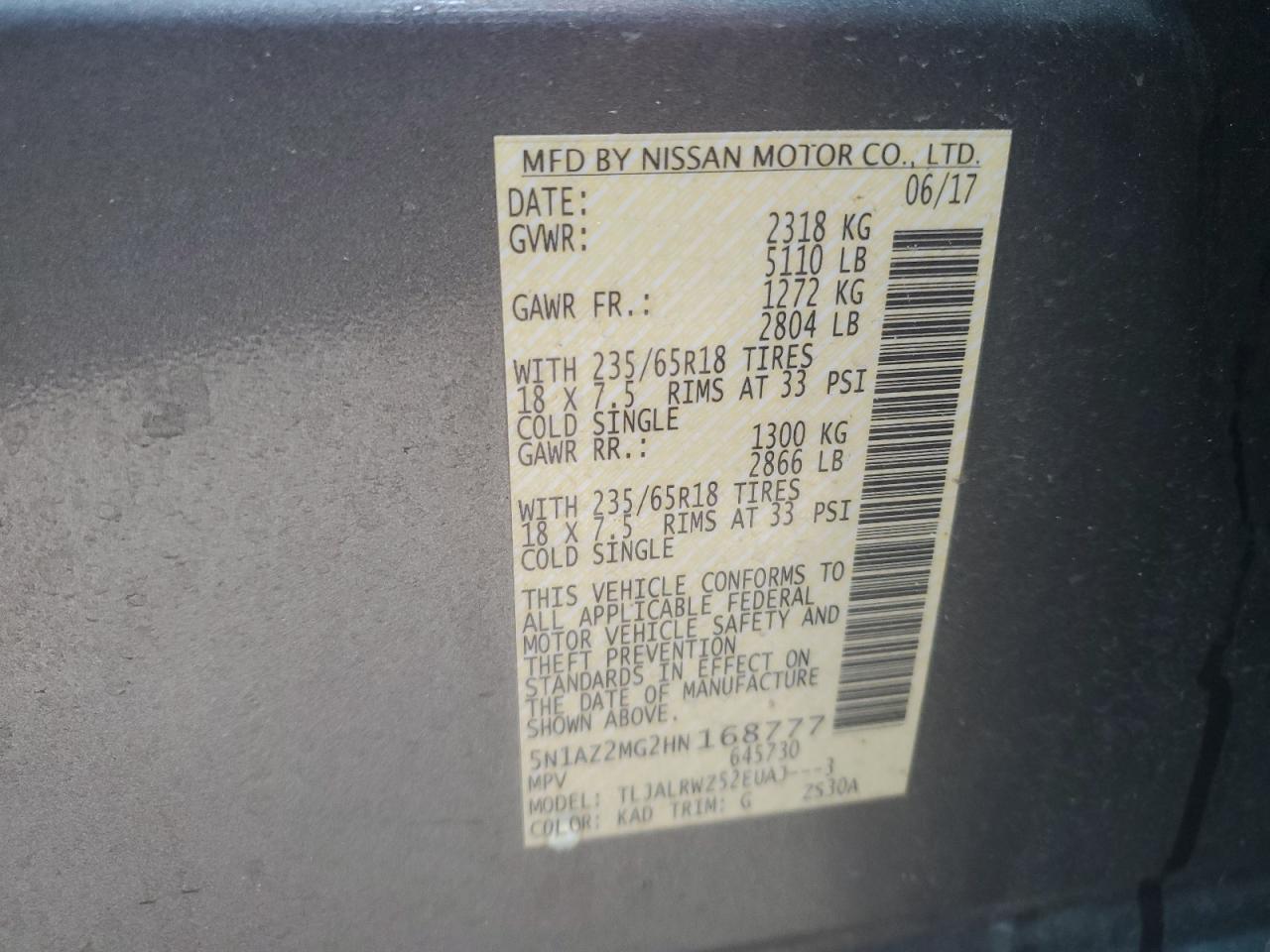 5N1AZ2MG2HN168777 2017 Nissan Murano S