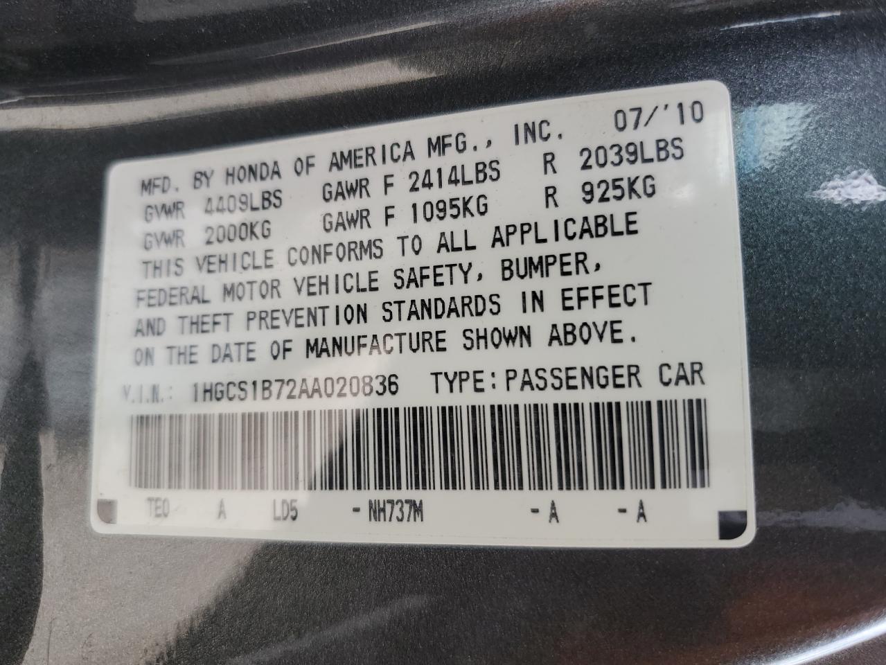 1HGCS1B72AA020836 2010 Honda Accord Ex